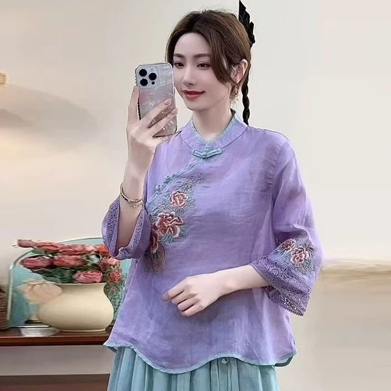 2025夏季新款中式斜襟七分国风短袖上衣复古立领棉麻盘扣刺绣民族,女装/女士精品,T恤,淘宝优惠券,粉丝福利购,淘宝优惠卷