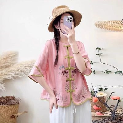 盘扣七分文艺国风衬衣棉麻上衣女