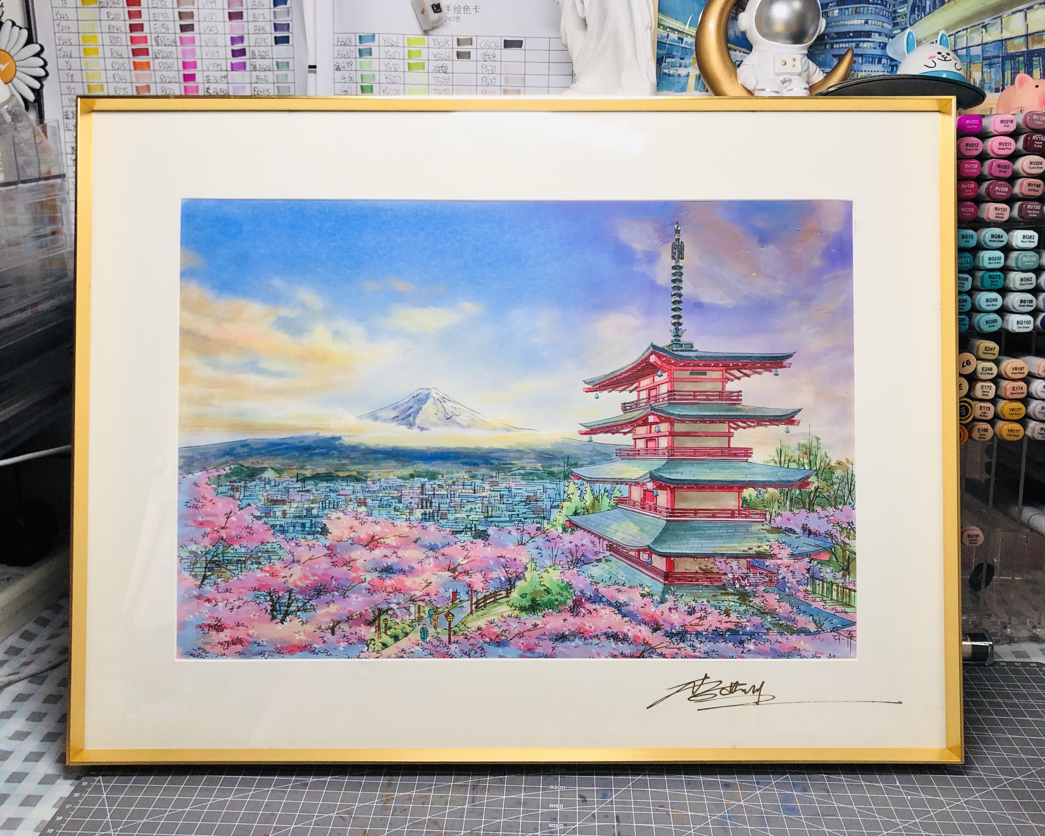 川川的画|马克笔限量艺术版画《富士山下》