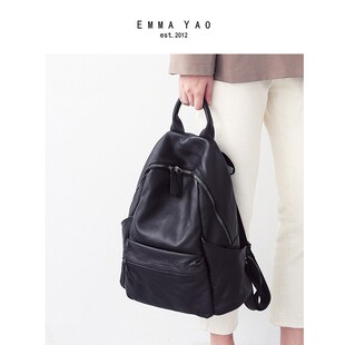 EMMAYAO女式新款双肩包时尚头层牛皮大容量休闲真皮背包韩版黑色