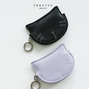 EMMAYAO羊皮零钱卡包真皮可爱时尚卡通猫咪证件包迷你包挂小卡包