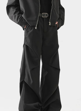 SAVIORcleanfit褶皱拖地微喇叭休闲裤子宽松直筒垂感黑色西裤