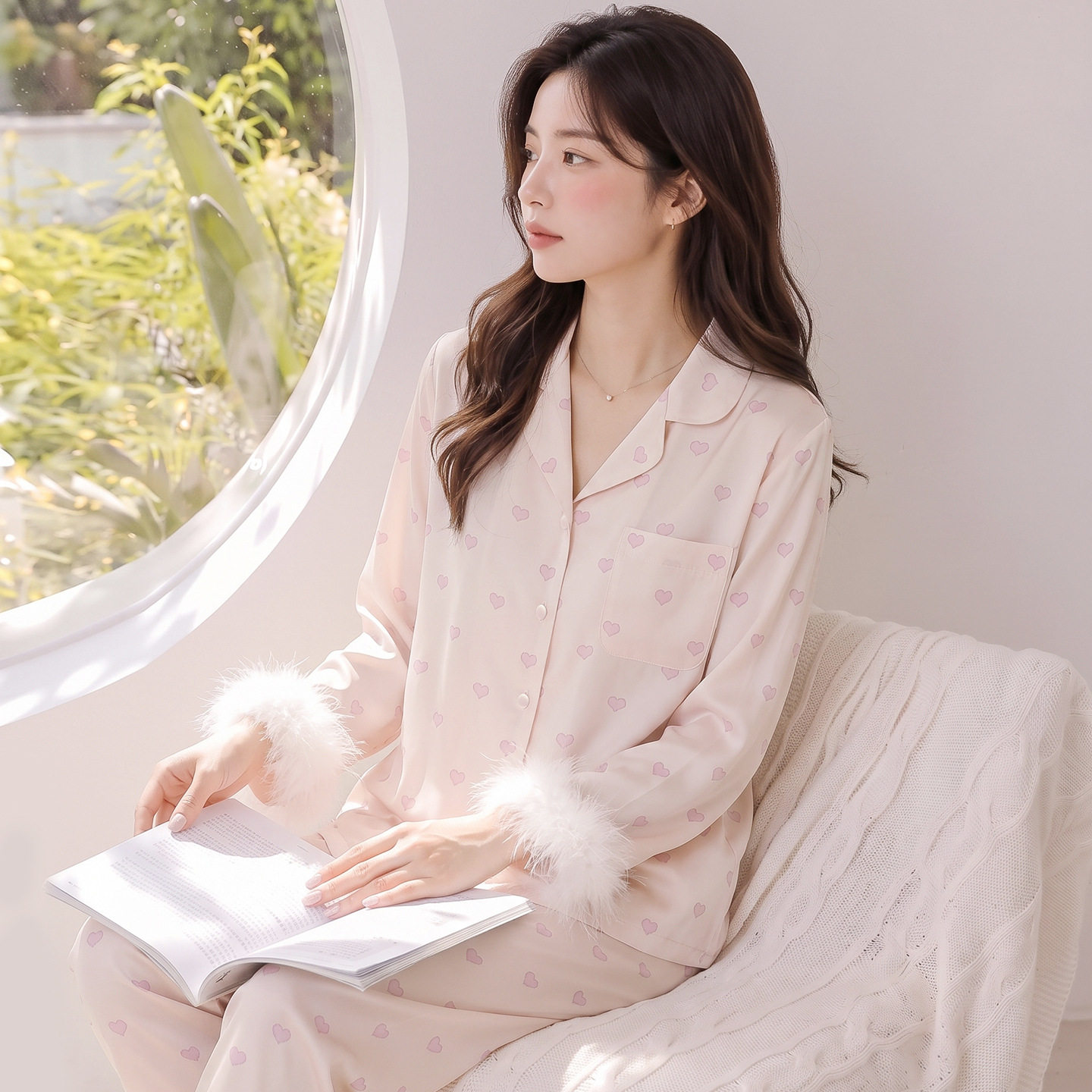 甜美爱心冰丝睡衣女春秋季长袖长裤轻奢羽毛薄款仿真丝家居服套装