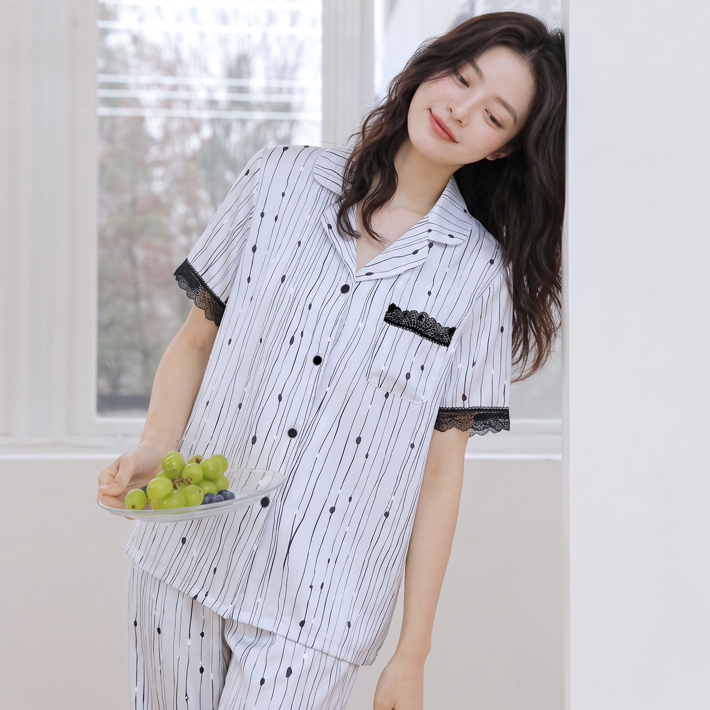 冰丝睡衣女春夏翻领开衫蕾丝条纹印花短袖长裤薄款丝绸家居服套装