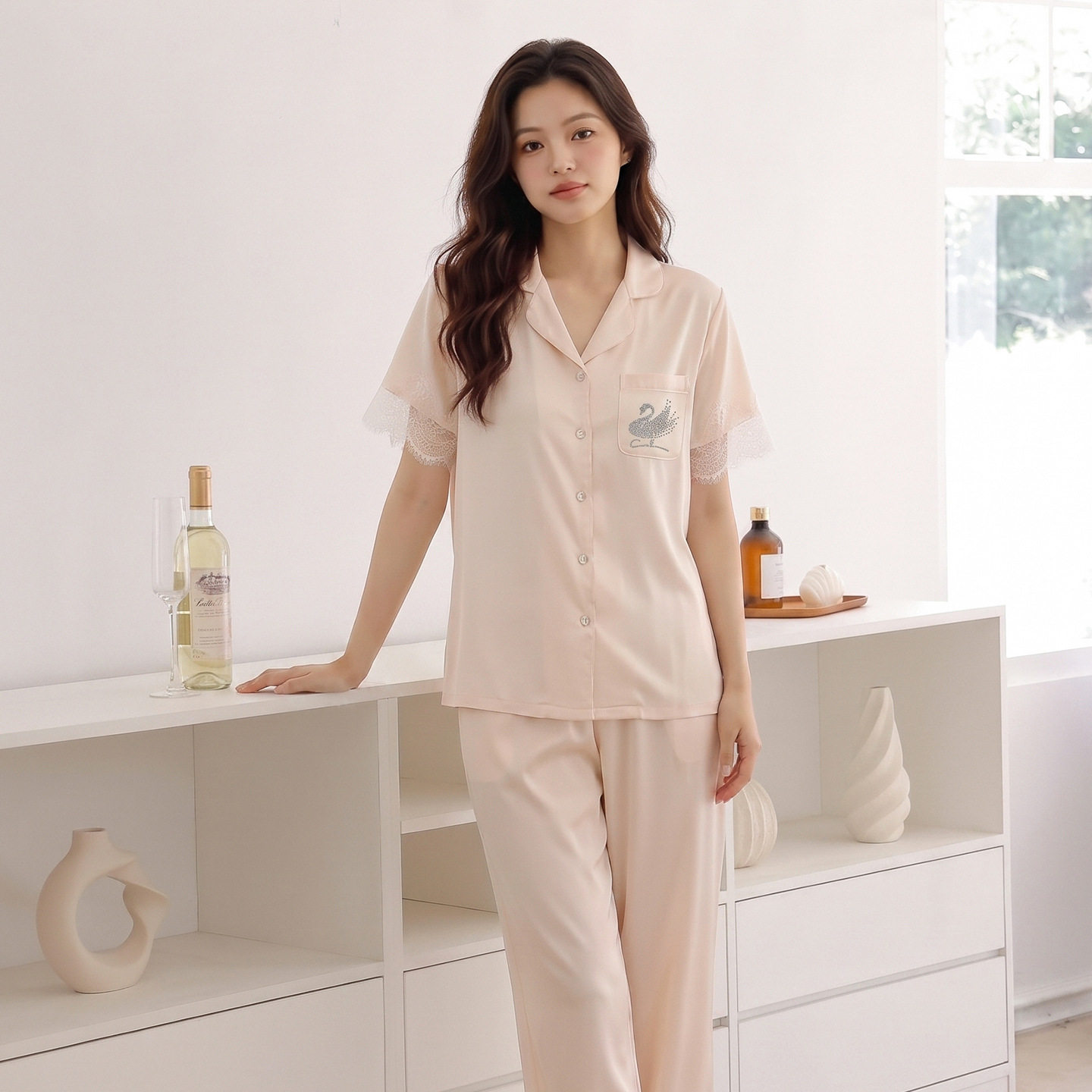 睡衣女春夏新款冰丝短袖长裤两件套薄款开衫翻领可外穿家居服套装