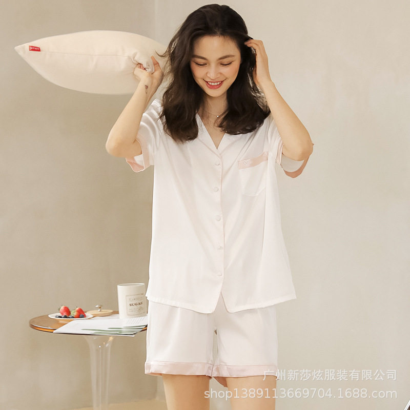 睡衣女夏季冰丝短袖短裤薄款透气休闲甜美居家服睡衣套装女春秋款