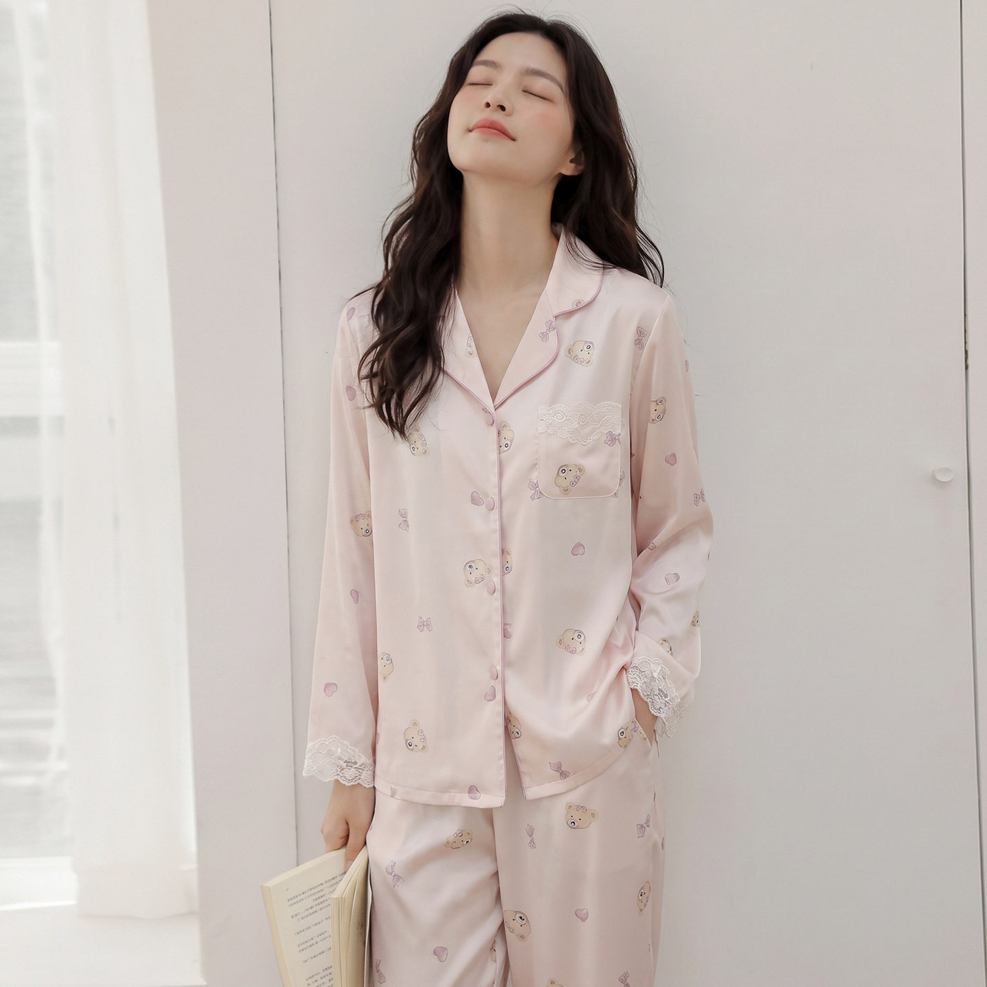 冰丝长袖睡衣女春秋薄款可爱小熊蕾丝花边丝绸家居服两件套可外穿