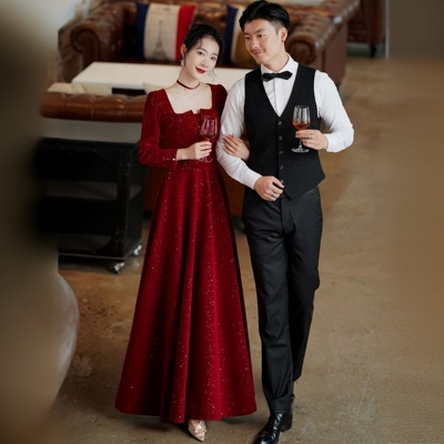 法式敬酒服长袖方领连衣裙结婚