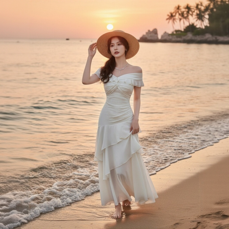 法式一字肩轻奢连衣裙海边度假女