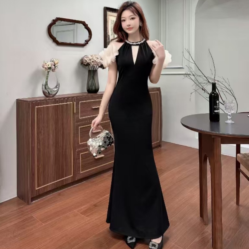 法式黑色挂脖晚礼服裙主持人长裙