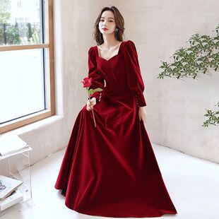 新娘敬酒服长袖红色2025新款晚礼服小个子平时可穿长款方领连衣裙