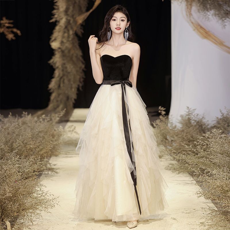 纯欲抹胸晚礼服裙子女蝴蝶结装饰高腰网纱拼接蓬蓬长裙主持人气质图片