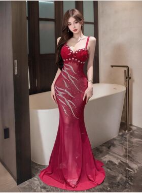 吊带 V领鱼尾礼服女重工修身包臀长款裙敬酒服主持人晚礼服连衣裙
