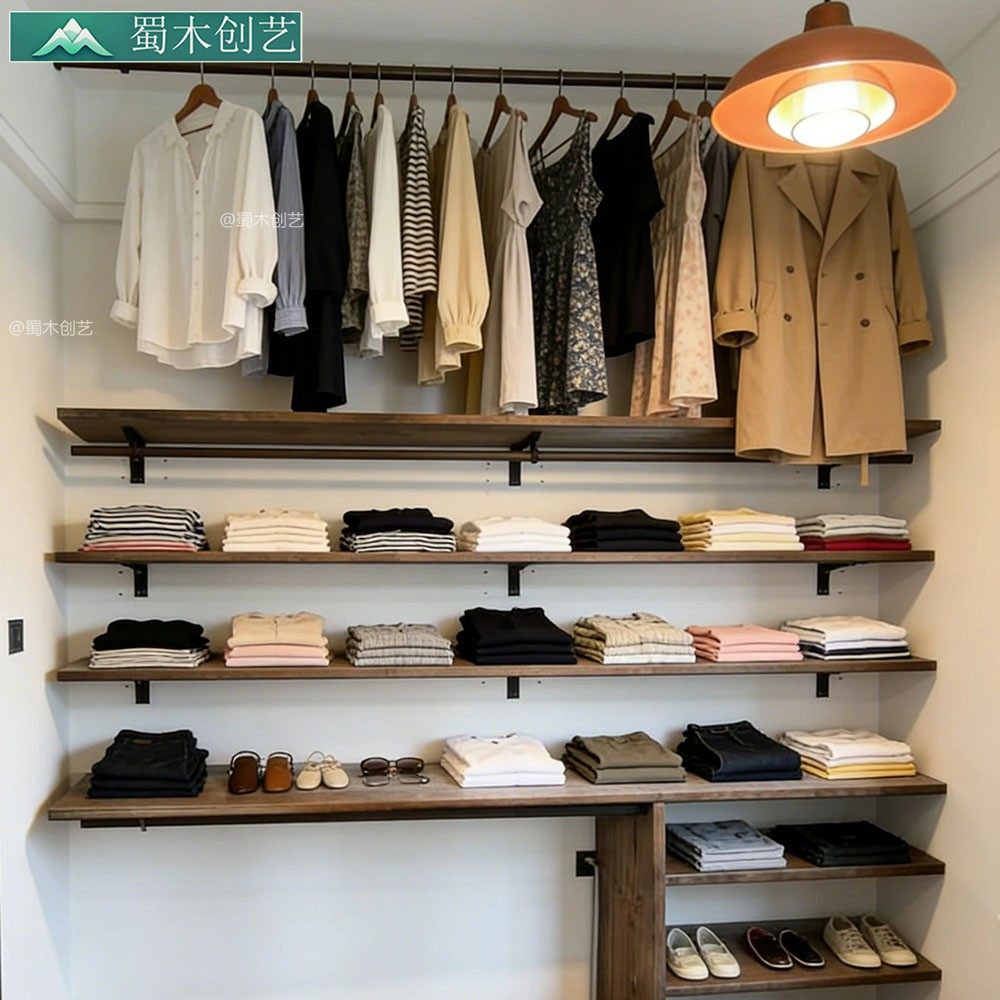 蜀木创艺实木诧寂风步入式衣柜全开放式衣帽间墙上壁挂衣帽置物架,住宅家具,衣帽架,淘宝优惠券,粉丝福利购,淘宝优惠卷