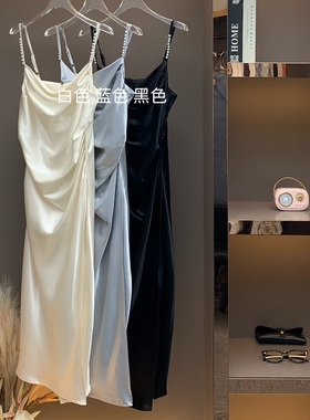 玥儿小众连衣裙夏季荡领收腰缎面长款连衣裙(速发)GZDM8259