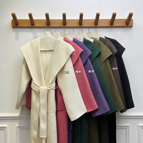 玥儿气质长款连帽双面羊毛外套(配腰带)（含70绵羊毛）L-JSJJ1899