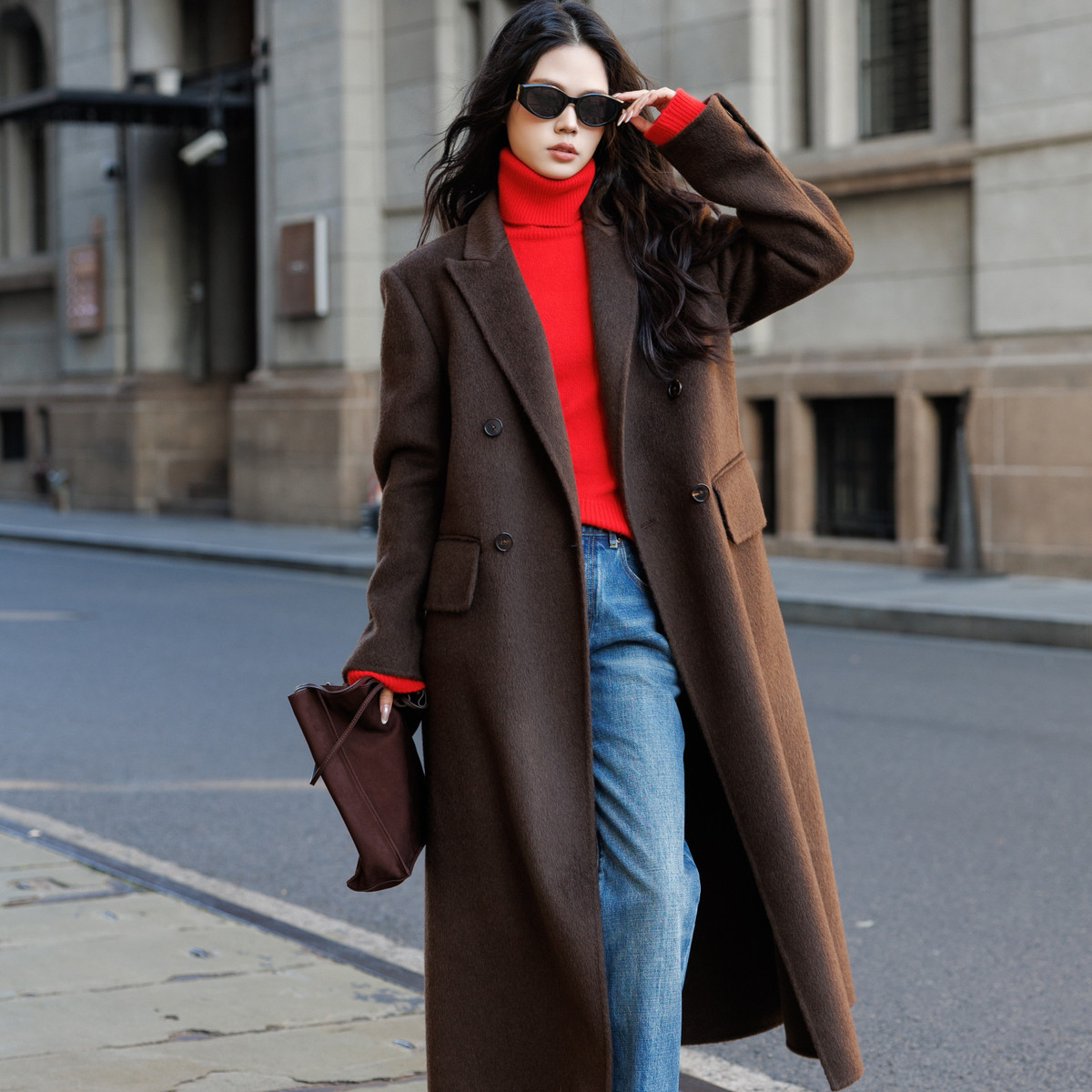 玥儿端100牦牛绒经典赫本风双排扣长款牦牛绒大衣安静-66021-1