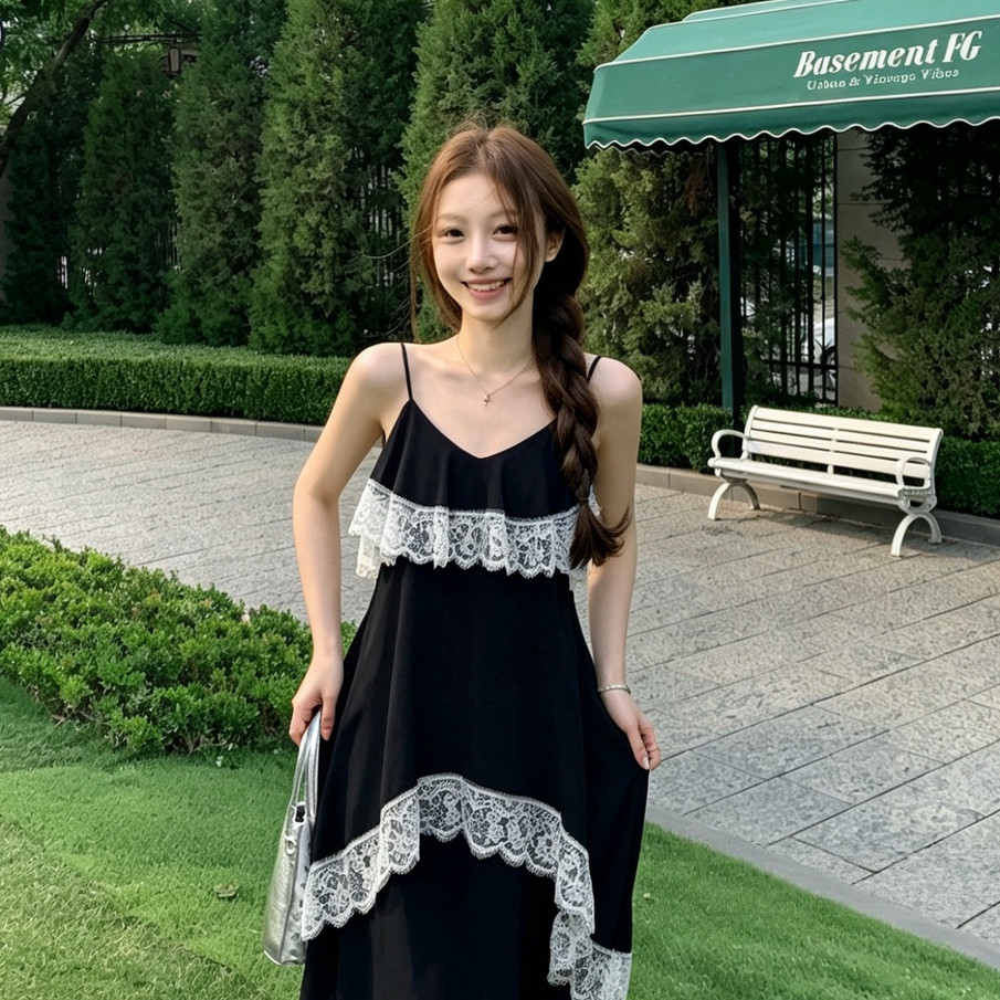 暮色之吻温柔仙气蕾丝多层次长裙女气质吊带连衣裙(速发)