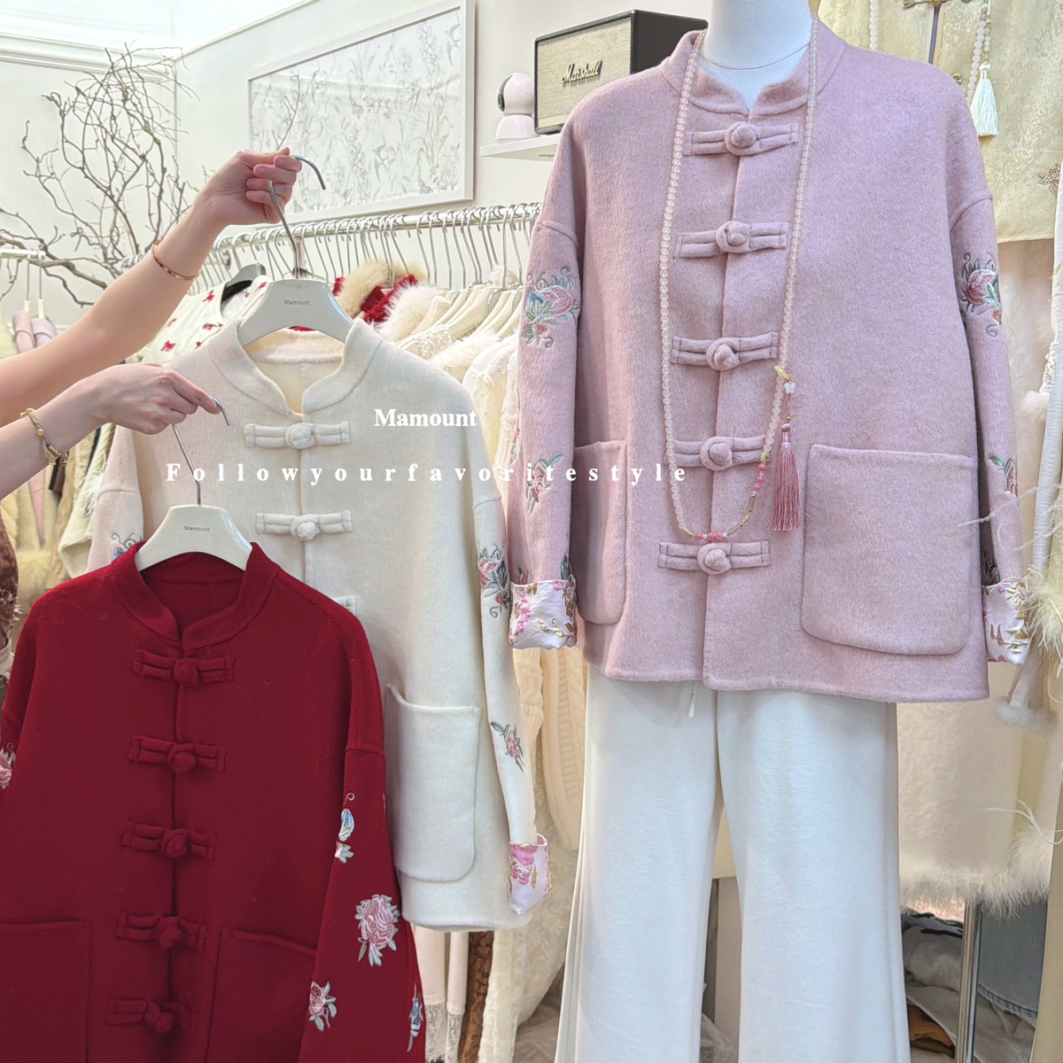 玥儿-式国风盘扣高级感刺绣碎花双面呢羊毛外套（含70羊毛）59