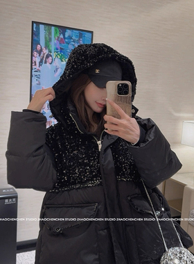 玥儿家冬上新低调奢华亮片拼接连帽加厚保暖羽绒服外套19100