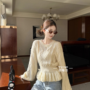 玥儿粗针灯笼袖 毛衣女收腰显瘦软糯针织上衣保暖毛衣2652