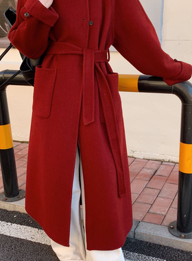 玥儿小众领一排扣双面大衣羊毛外套(配腰带)（含100羊毛）D26403
