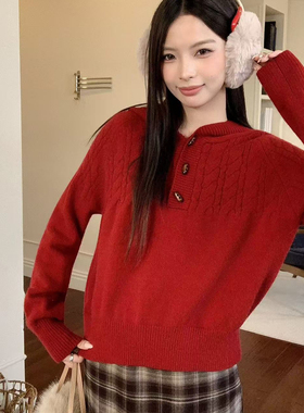 玥儿年红色氛围感慵懒风复古连帽设计洋气百搭针织保暖毛衣33553