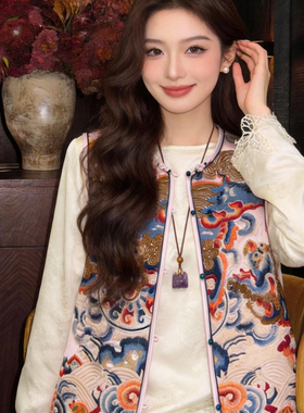玥儿小众极简大牌老钱新中式海浪祥云重工刺绣醋酸马甲YS4-t528