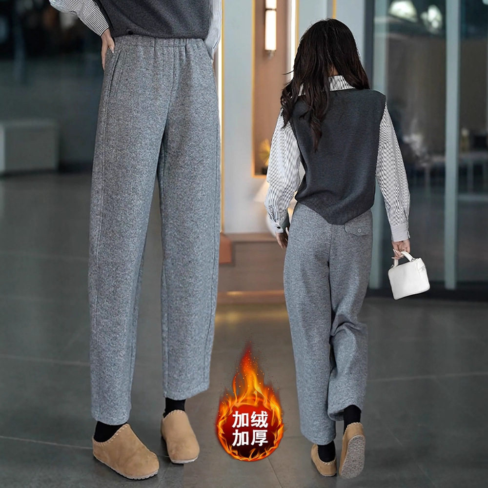 加绒加厚羊绒毛呢九分弯刀裤女2025冬季新款高腰显瘦休闲直筒裤子