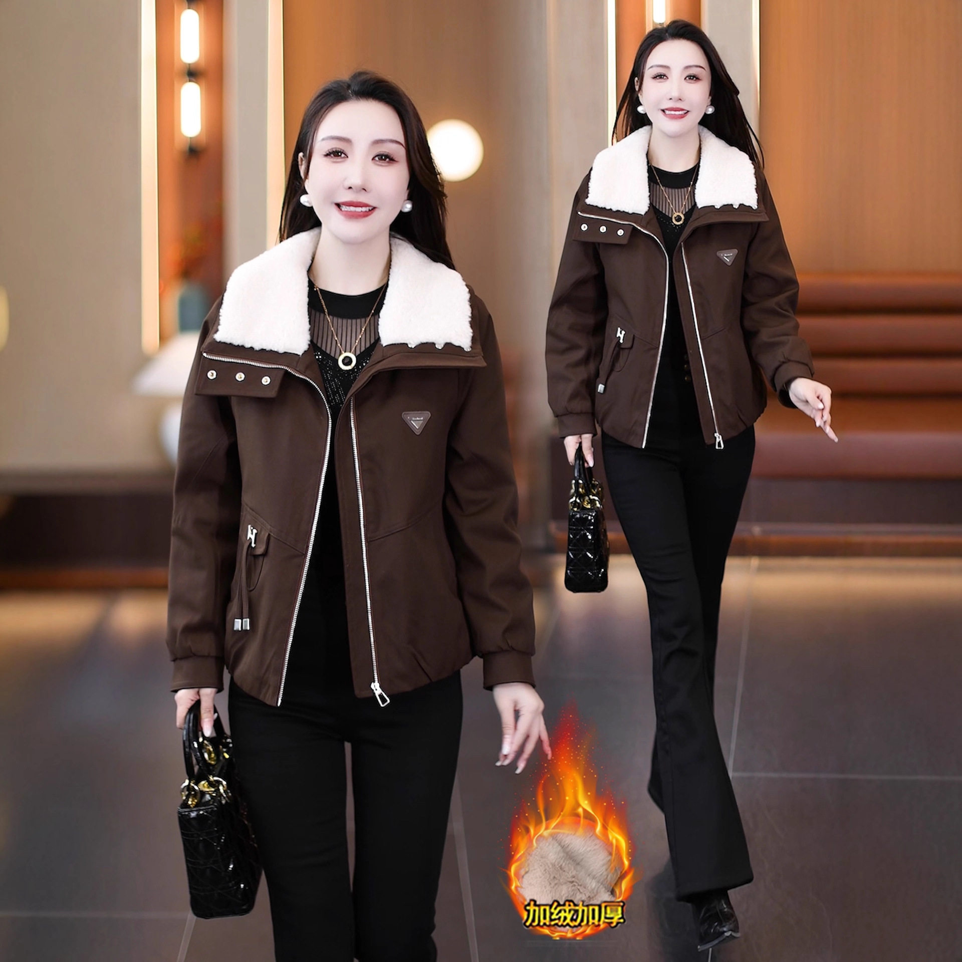 时尚加绒加厚短款外套女冬季新款洋气显瘦羊羔毛翻领保暖夹克棉袄