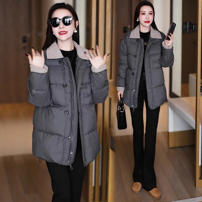 时尚羽绒服棉服女2025冬季新款韩版宽松显瘦中长款翻领棉袄外套潮