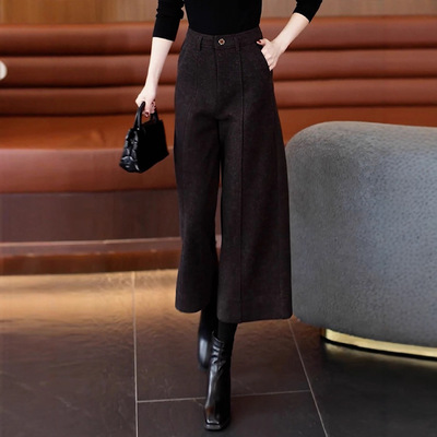 加绒加厚毛呢八分阔腿裤女秋冬2025新款小个子高腰宽松休闲直筒裤
