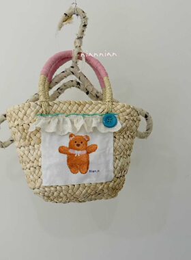 niannian新款韩系手工编织卡通花边碎花可爱甜美手提竹篮框