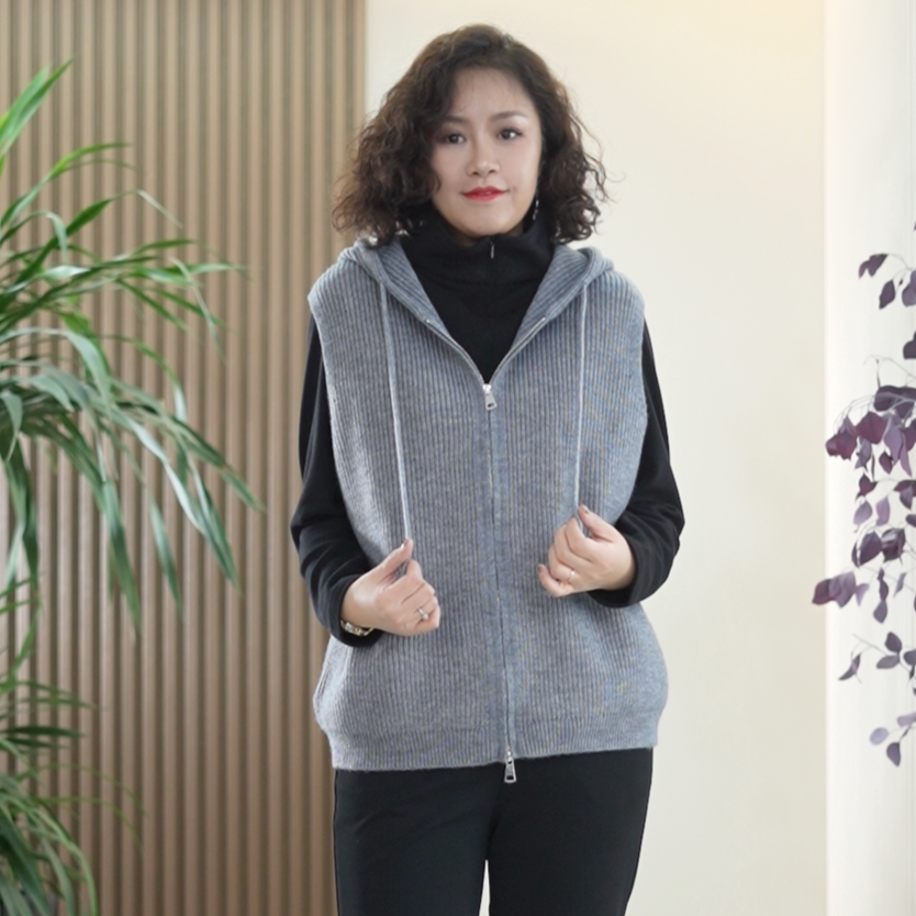 连帽糯米绒粗棒针织马甲大码保暖双头拉链秋冬季无袖外套上衣女潮