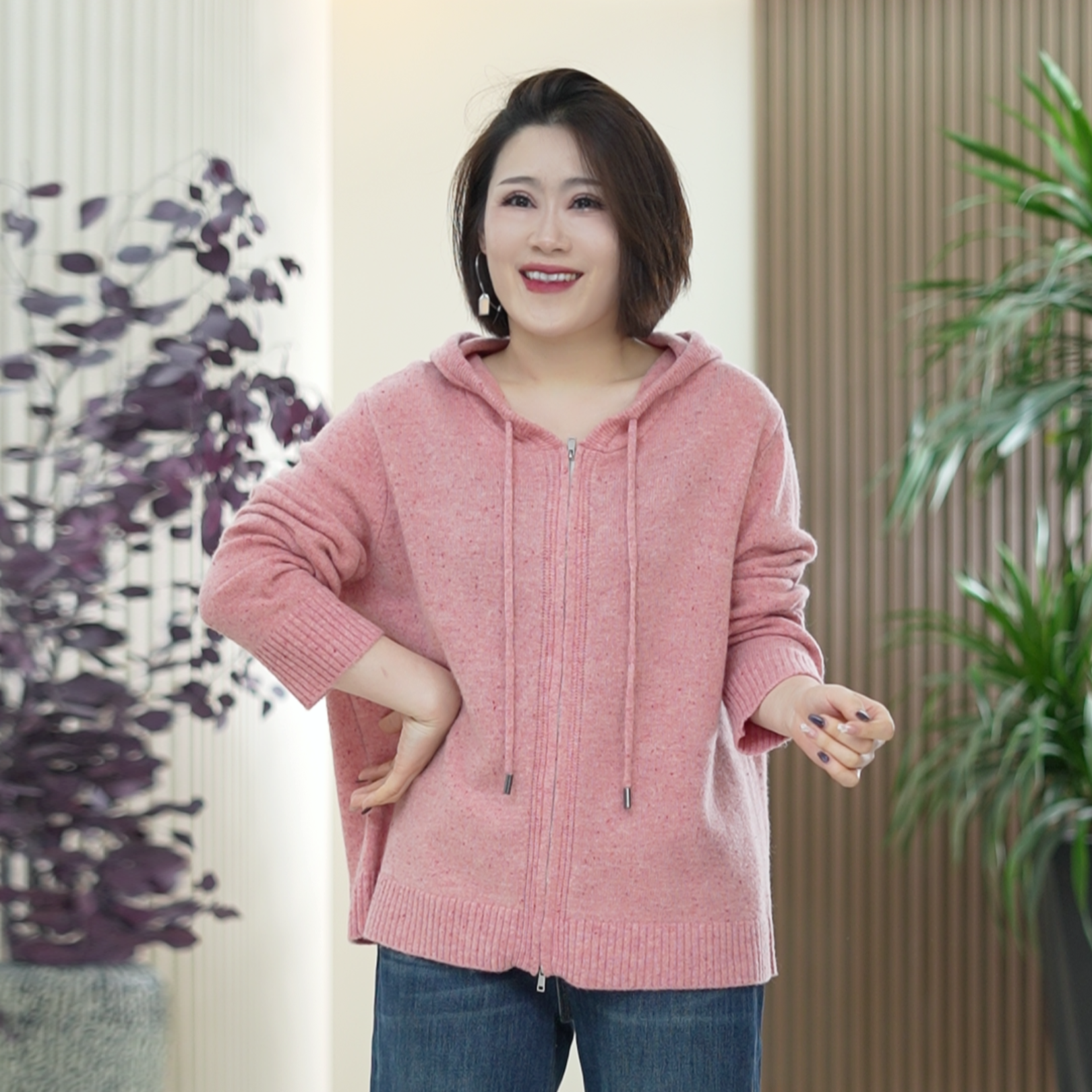 100%全绵羊毛针织衫女双纱合股卫衣连帽保暖冬季显瘦外搭上衣开衫