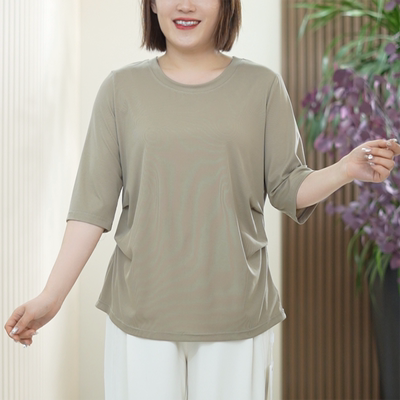 莱赛尔天丝氨纶弹力大码显瘦T恤女时尚掐腰细螺纹凉感夏季上衣女