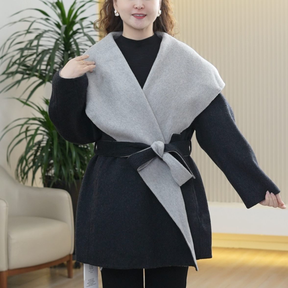 【无扣腰带款】双面呢羊毛大衣女大码气质显瘦秋季浴袍双色毛呢