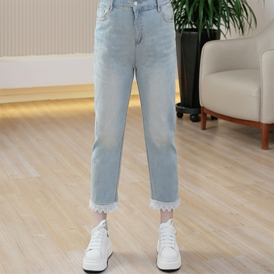 花边蕾丝烟管牛仔裤高弹力加大码松紧腰显瘦春季新款九分直筒裤女