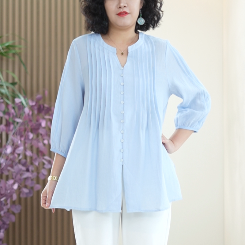 麻感竹节纱风琴褶小V领衬衫七分袖A字版大码春夏季T恤开衫上衣女