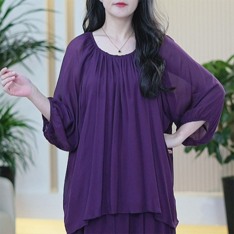 双层人丝双绉T恤女大码夏季薄款防晒减龄灯笼袖百搭显瘦时尚上衣