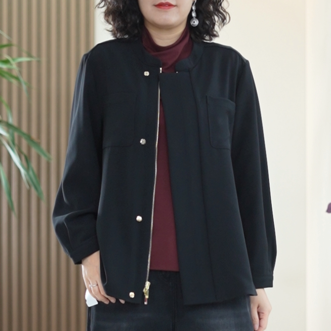 立领天然三醋酸夹克外套女大码显瘦气质百搭时尚秋季休闲工装风衣