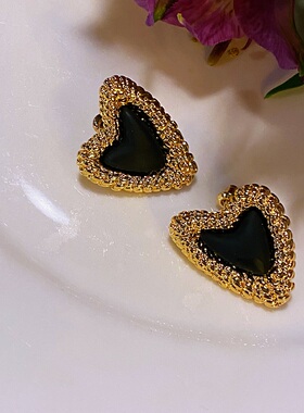 LJW 法式复古爱心耳环女金色心形黑色金属耳钉氛围感气质名媛耳环