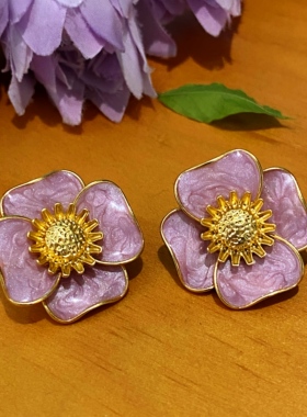 LJW 法式复古粉紫色珐琅花朵耳钉vintage高级感s925银针气质耳饰