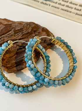 LJW 小众设计蓝色切面天然石耳环时髦精手工编织耳圈精致气质耳饰