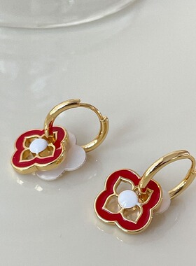 LJW 新中式一款多戴红色贝壳花朵耳环高级感小众轻奢气质滴油耳饰