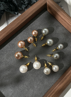 LJW  博主ins同款真多麻白色香槟金施家强光珍珠耳钉网红气质耳环