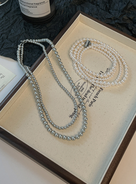 法式复古双层白色灰色珍珠项链