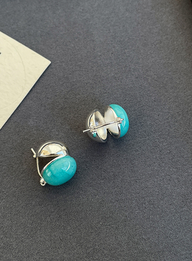 LJW 小众设计天然石天河石汉堡形耳扣耳钉高级感百搭显白蓝色耳环