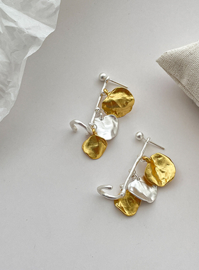 LJW 小众设计黄铜镀金多片叶子金银撞色肌理耳钉耳骨夹流苏耳饰女