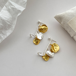 LJW 小众设计黄铜镀金多片叶子金银撞色肌理耳钉耳骨夹流苏耳饰女